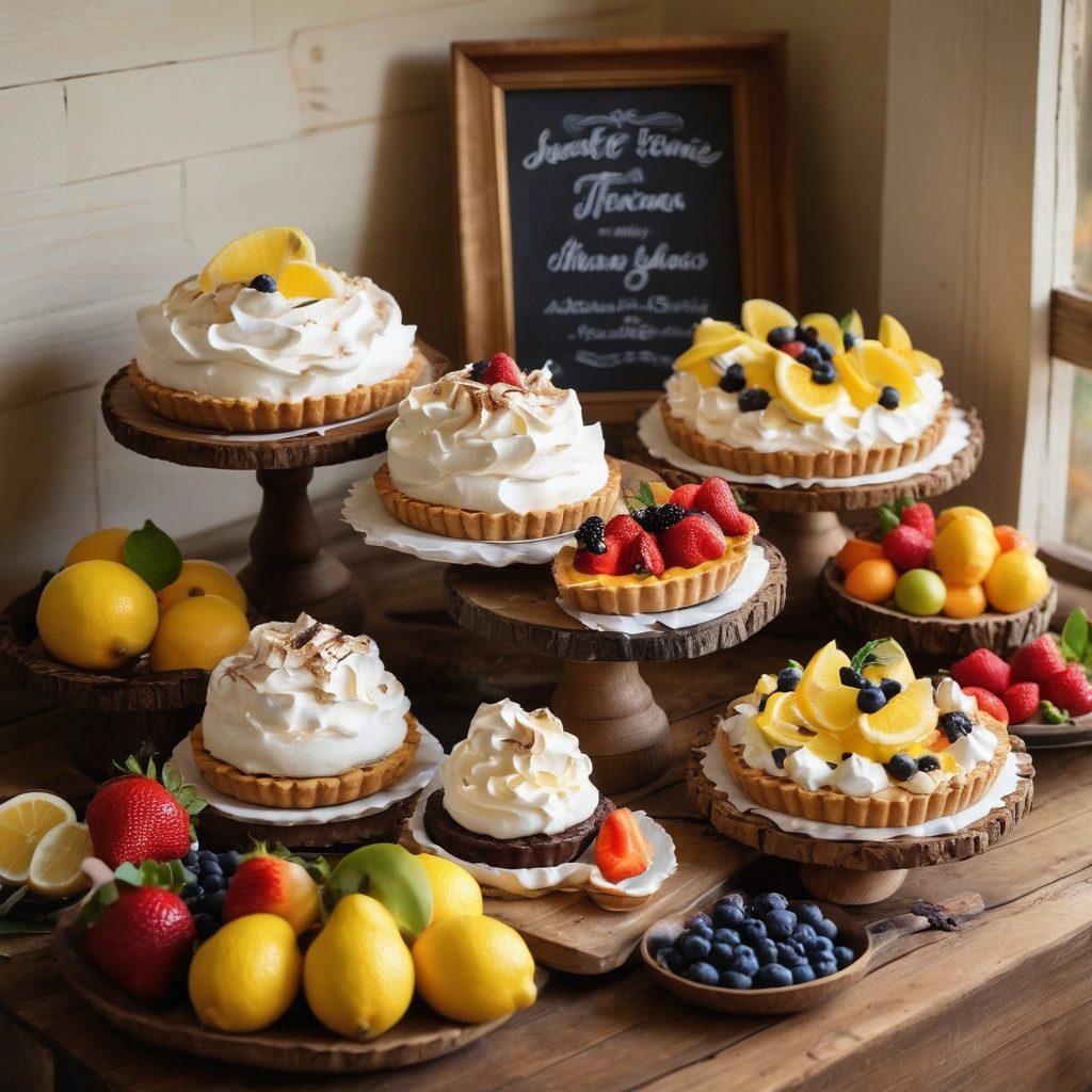 A beautifully arranged dessert table featuring a variety of homemade cream pies, including lemon meringue, chocolate, and coconut, topped with colorful fresh fruits and whipped cream. The scene is decorated with rustic wooden details and warm, soft lighting that evokes a cozy ambiance. Include utensils and a recipe book in the background for a homely touch. super-realistic. vibrant colors. soft lighting.