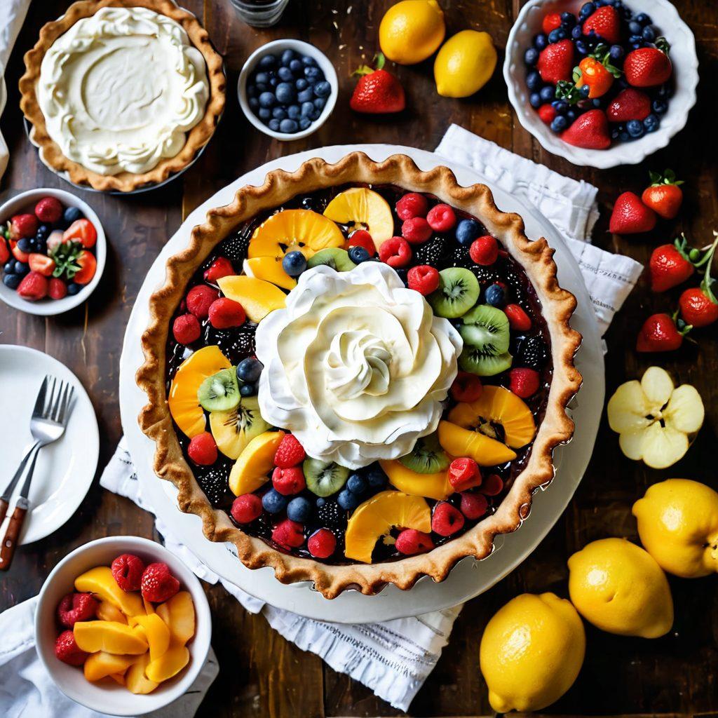 A delectable dessert scene featuring a beautifully baked cream pie with a golden, flaky crust topped with fluffy, swirled whipped cream and colorful fruit garnishes. Surrounding the pie are essential baking tools like measuring cups, a rolling pin, and fresh ingredients like eggs and vanilla beans, all on a wooden kitchen counter. Soft, warm lighting enhances the inviting atmosphere, making the pie the star of the show. painting. vibrant colors. soft focus.