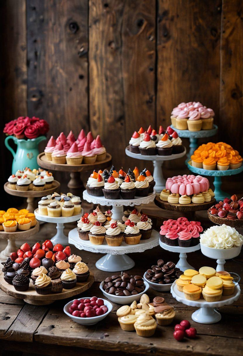 A beautifully arranged dessert table featuring an array of vibrant homemade desserts like colorful cupcakes, rich chocolate tarts, and delicate macarons, set against a rustic wooden backdrop. Include soft, warm lighting to enhance the sweetness of the desserts, with hints of fresh ingredients like fruits and chocolate around the edges. The scene should evoke a sense of warmth and creativity in baking. super-realistic. warm colors. rustic style.